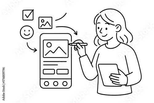UX UI design concept. Female designer creating user interface for application for better user experience. Mobile app development, prototyping, wireframe. Doodle vector cartoon.