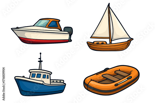 Boat vector set. Cartoon collection of ship, water transport. Motorboat, sailboat, fishing trawler, and inflatable dinghy. Maritime vehicle icons isolated.