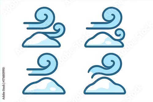 Snow cap icon set with swirling wind elements, flat style vector cartoon illustration, transparent background, winter weather symbols, cold mountain design, ordered set collection