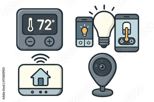 Smart home automation icon set. Vector illustration of IoT devices: thermostat for temperature control, smart lighting, security camera, and hub for system management via app.