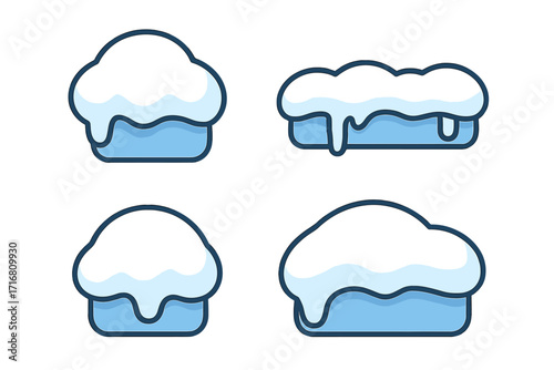 Snow cap symbol vector set, flat style cartoon illustrations with melting snow on various blue shapes, winter weather icons, cold season design elements, transparent background
