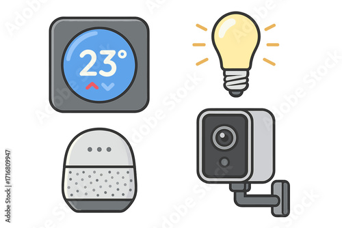 Smart home technology vector icon set. Internet of Things (IoT) automation with thermostat, lighting, security camera, and voice assistant devices for home control system.