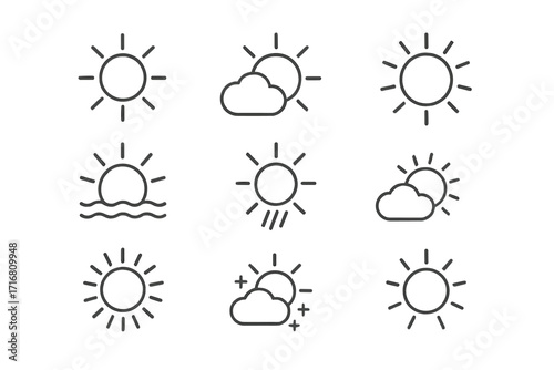 Sun and weather icon set. Thin line vector symbols of sunshine, partly cloudy, sunrise over sea, and rain. Meteorology forecast pictograms for web and mobile apps. Editable stroke.