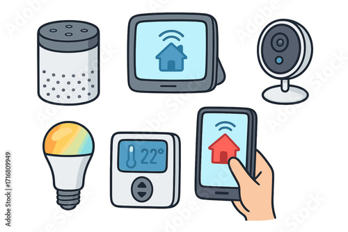 Smart home devices vector icon set. IoT automation technology for modern living. Includes smart speaker, security camera, lightbulb, thermostat, phone app control. Cartoon illustration.