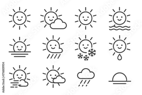 Weather forecast icon pack. Cute sun character emoji for sunny, cloudy, rainy, snowy, and windy climate. Thin line art vector icons with editable stroke for web and apps.