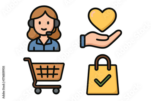 Online shopping icon set. Call center operator, customer care heart symbol, ecommerce cart, and successful purchase bag. Vector for retail business and web store support.