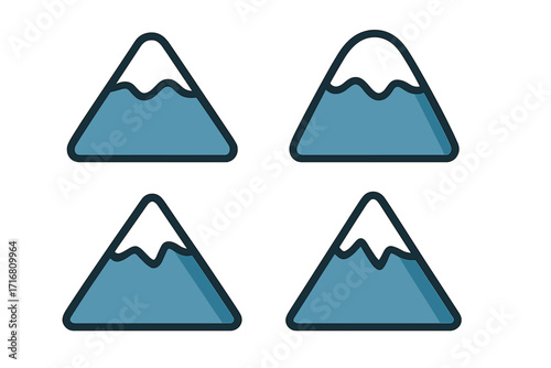 Snow drift mountain icon collection, flat style vector cartoon illustrations with transparent backgrounds, stylized winter peaks set, natural landscape symbols