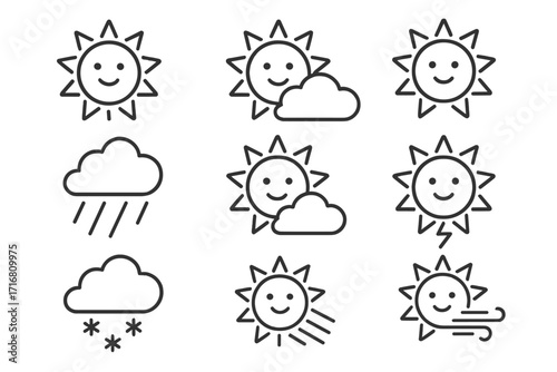 Weather icon set cute sun character. Line art weather forecast symbols. Sun, cloud, rain, snow, wind, storm icons. Vector cartoon illustration with editable stroke.