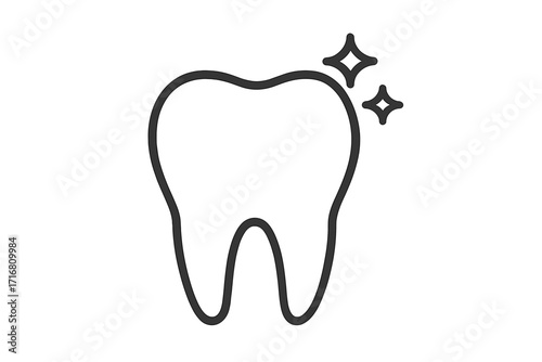 Clean tooth icon. Healthy tooth with shine effect. Dental care and oral hygiene concept. Dentistry, stomatology, teeth whitening, and protection symbol. Vector line illustration.
