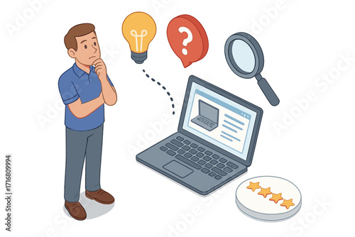 Vector cartoon illustration of a man analyzing user data. Isometric concept of customer feedback, online research, reviews, ratings, social media analytics, and ideas.