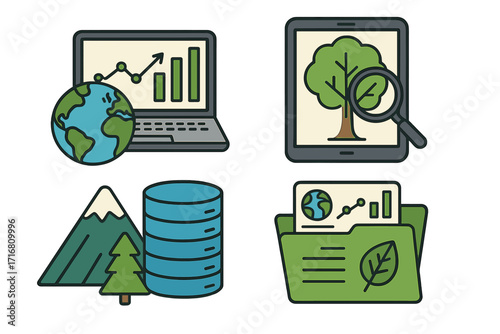 Environmental data analysis icon set. Sustainability research and eco technology concept. Global ecology report, green business growth chart, and nature database symbols.