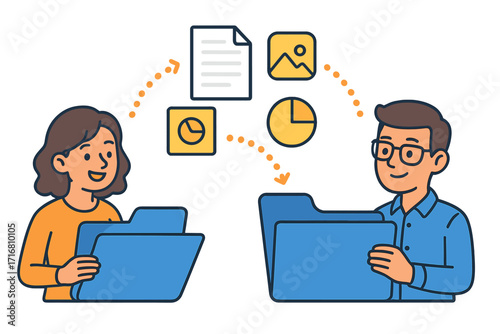 File sharing concept with people. Data transfer and collaboration metaphor. Man and woman exchanging documents. Teamwork and project management. Information exchange vector.