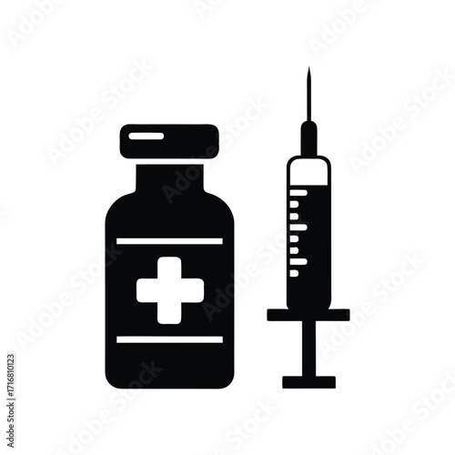 Minimalist Healthcare Illustration Featuring Syringe, Vial, and Plus Sign