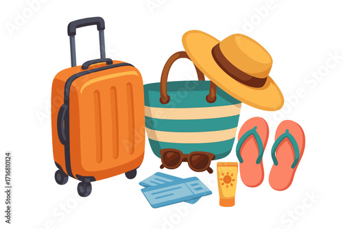 Travel vacation essentials illustration. Luggage, beach bag, sun hat, tickets, flip flops for a summer holiday trip. Vector cartoon journey and tourism concept objects set.