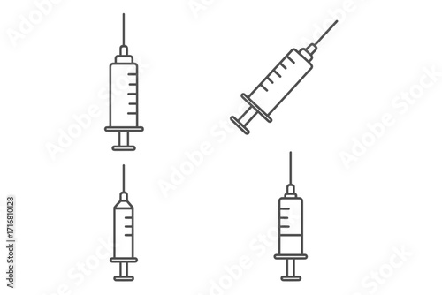 Syringe icon set collection, thin line editable stroke design, medical injection vector cartoon illustration, transparent background, web, app, book, card use, ordered set