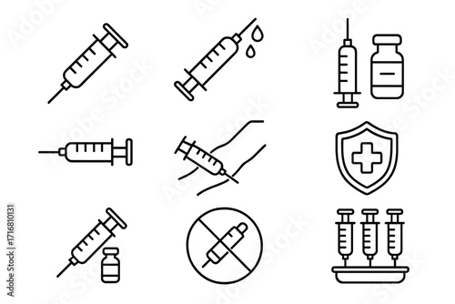 Syringe icon set for UI design, placards, books, apps, and websites. Editable stroke vector illustration of medical injection tools, vaccination symbols, health care and medicine concept.