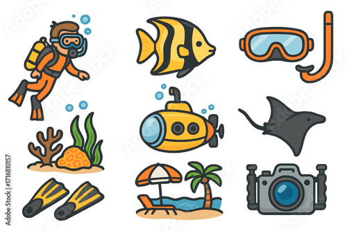 Scuba diving icon set. Underwater exploration symbols. Ocean life, diver, fish, submarine, coral reef, camera, snorkel vector. Tropical beach vacation cartoon collection.