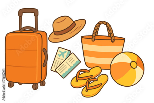 Summer vacation travel essentials set. Beach holiday collection with luggage, sun hat, tickets, bag, flip flops and ball. Vector cartoon illustration for tourism concept.