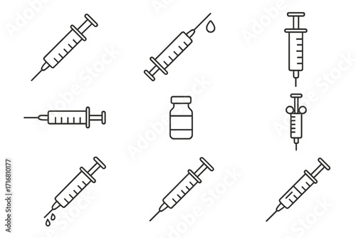 Syringe icons pack thin line vector set with vaccine vial, editable stroke medical injection symbols for web, apps, healthcare, medicine, vaccination, antiviral shots, transparent background