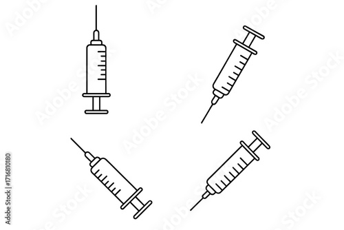 Syringe icons pack set, medical injection needle vector, editable stroke thin line design for web, apps, books, cards, healthcare, vaccination, injection tools collection
