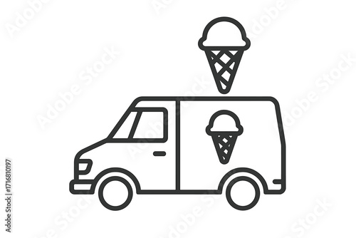 Ice cream truck vector line icon. Food van, delivery vehicle. Summer street food concept. Mobile dessert shop. Sweet treat. Minimalist outline symbol for graphic design.