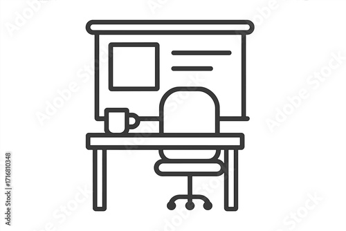 Workspace icon. Office desk, chair and presentation board. Workplace linear symbol. Concept of business interior, corporate room, home office, freelance or coworking space.