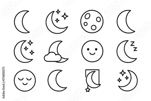 Moon and crescent icon set for UI design, placards, books, and apps, editable stroke vector cartoon illustration ideal for websites, cards, sleep and night themes, astronomy symbols
