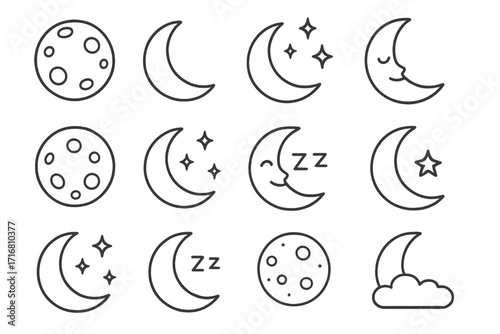 Simple linear moon and crescent icon set collection, editable stroke vector illustrations with stars, sleep symbols, clouds, night sky elements for web, apps, books, cards