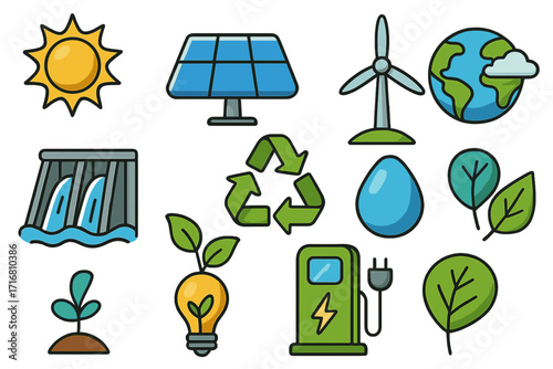 Renewable energy icon set. Green power sources collection. Solar panel, wind turbine, water dam, recycle symbol, EV charging station. Sustainable eco friendly cartoon vector.