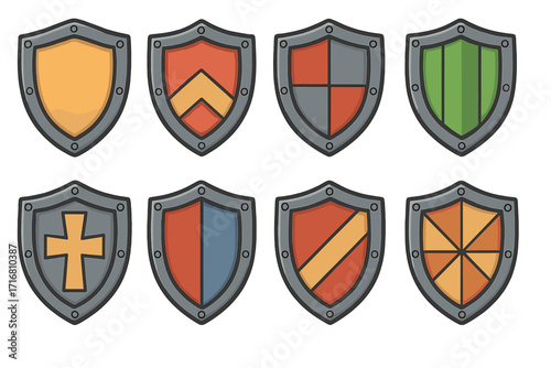 Set of cartoon medieval shields. Knight battle shield collection for game assets. Vector icons with various colorful emblems, crests, and coat of arms designs.