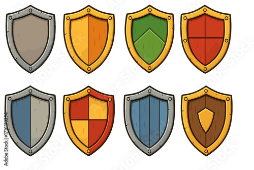 Medieval cartoon shield set. Game asset kit for fantasy RPG. Vector knight armor collection. Heraldic crests, wood and metal emblems. Security protection battle icon.