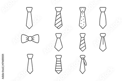 Collection of thin line tie icons, editable stroke vector set for web, books, cards, and apps, cartoon style necktie and bow tie illustrations, transparent background, ordered fashion accessories set