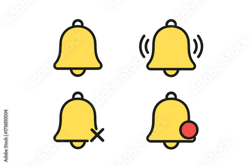 Notification bell icon pack. Yellow alert, reminder, and subscribe symbols. Ringing, new message, and silent mode signs for web, UI, UX, social media, and app design.