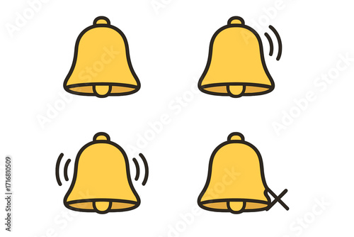Notification bell vector icon set. Yellow ringing, silent and mute bells. Subscribe button symbol for web, social media and app ui. Alert, reminder or alarm concept.