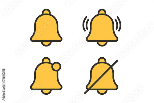 Notification bell icon set. Yellow vector icons for web and graphic design. Includes ringing, silent mode, new message alert. Subscribe button symbol for apps and UI.