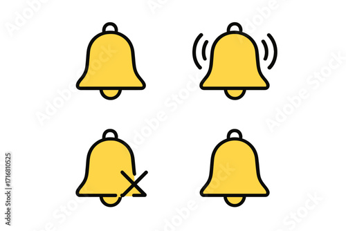 Notification bell icon set for web and apps. Ringing, silent, and mute alert symbols. Vector graphic for UI, UX design, subscribe button, social media, reminder concept.