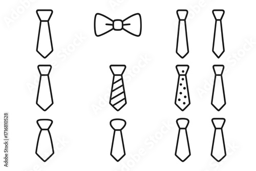 Set of thin icon ties and bow tie, editable stroke vector illustration, elegant neckwear collection for websites, books, cards, and apps, transparent background, stylish cartoon design
