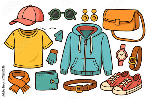 Vector set of casual clothes and accessories for men or women. Cartoon fashion illustration collection. Flat lay with hoodie, t-shirt, cap, shoes, bag, sunglasses, and watch.