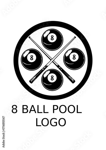 8 Ball Pool Billiards Logo with Crossed Cues