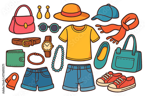 Fashion clothing and accessories set. Summer travel essentials collection. Doodle cartoon vector icons of shirt, shorts, bag, hat, shoes. Flat lay wardrobe objects.