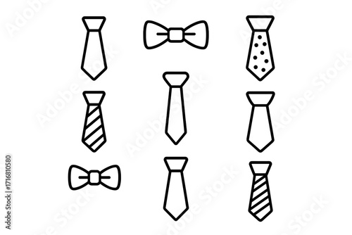 Set of thin line tie and bow tie icons, editable stroke vector illustration for websites, books, cards, apps, transparent background, stylish neckwear collection, fashion accessories