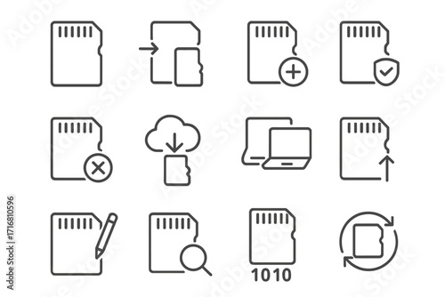 Thin line SD card icons collection, editable stroke digital memory symbols, technology and data storage vector set for web, apps, cards, books, electronics design