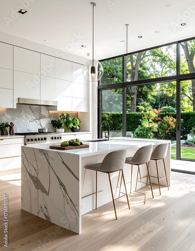 Modern kitchen with marble island and backyard view