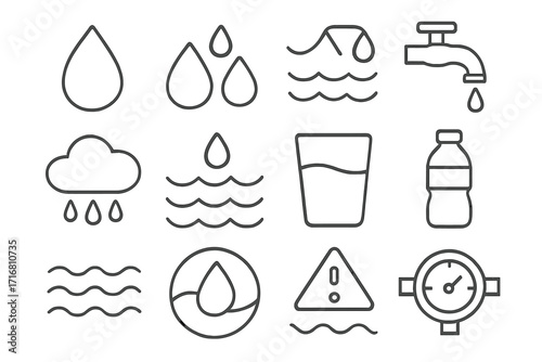 Water related line icons set for web, books, cards, and apps. Editable stroke vector illustration with drops, waves, faucet, rain cloud, glass, bottle, and water meter symbols.