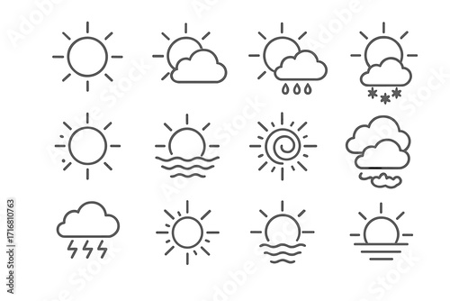 Sun and weather symbols thin line icons collection, editable stroke, nature weather elements for web sites, apps, cards, books, vector cartoon illustration with transparent background