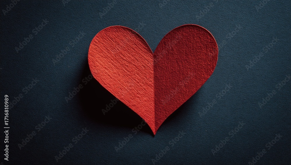 Obraz premium A vibrant red paper heart, subtly textured, rests on a dark navy background