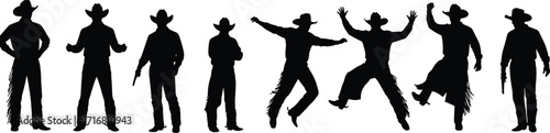 Cowboy silhouette set in dynamic poses, black and white illustration, western attire and expressive gestures, boots and hats, white background