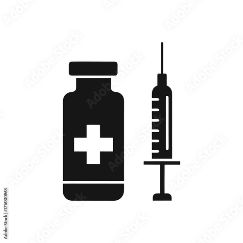 Medical Syringe and Vial Icon with Plus Symbol Silhouette Isolated on White Background