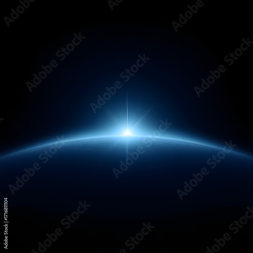 Futuristic glowing blue sunrise over planet Earth with abstract light rays and cosmic horizon effects, digital space background for sci-fi, technology, and cosmic themes