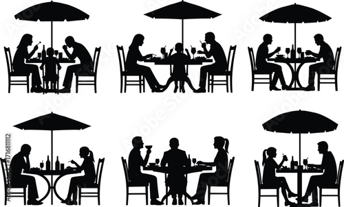 Outdoor café silhouette set, people sitting under umbrellas, black and white illustration, social interaction scene, dining and drinking, urban lifestyle icon